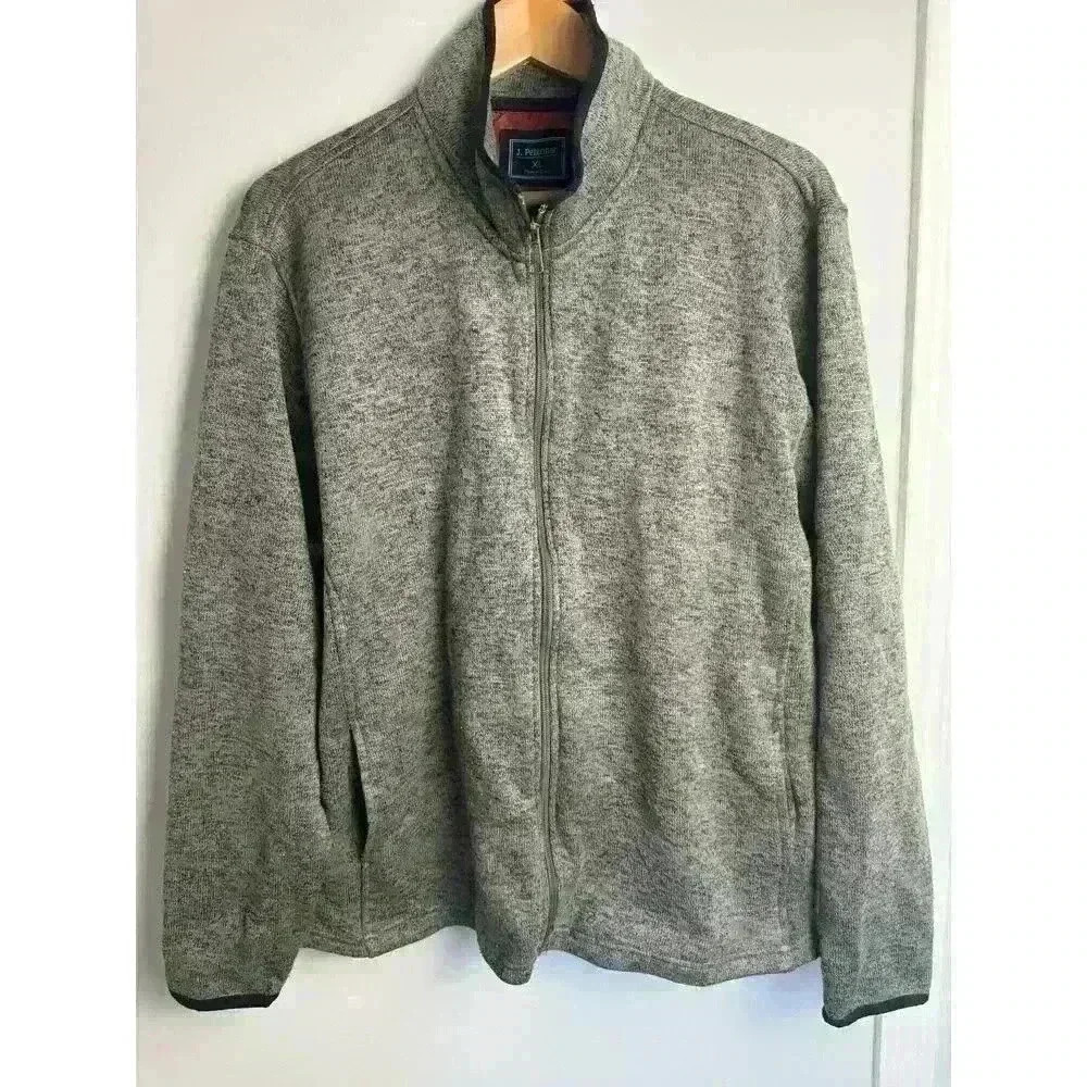 EUC J. Peterman Gray Full Zip Sweater Men’s XL Black Trim on Sleeves and Collar